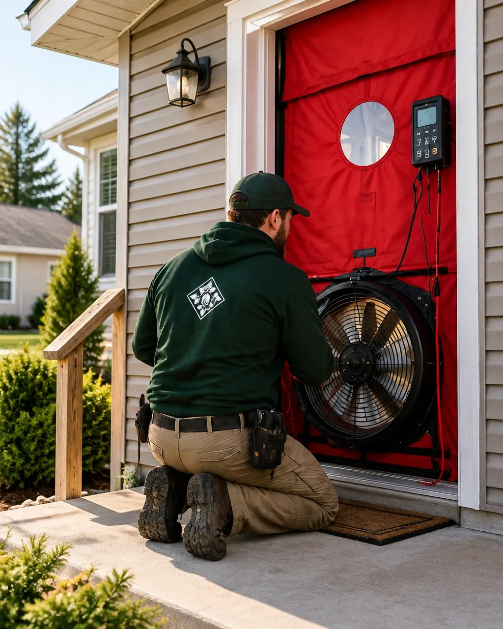 A blower-door fan installed in a home doorway during testing