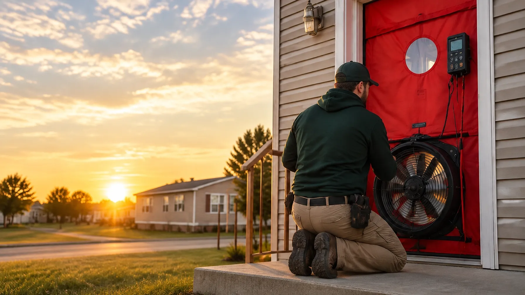 Technician performing blower-door testing at a home at sunset